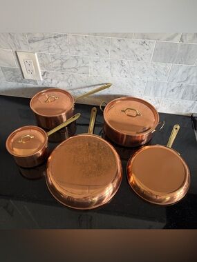 Vintage 5-Piece Copper and Brass Tagus Portugal Pots and Pans Cookware Set